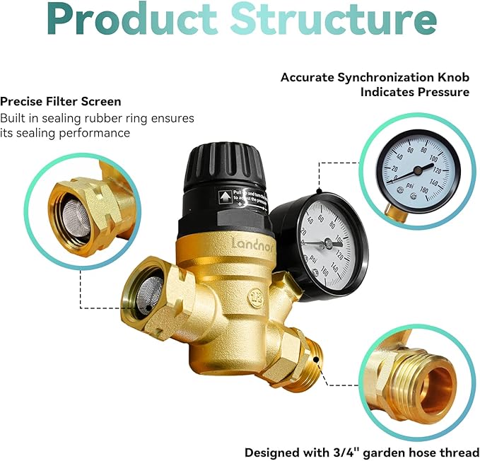 RV Water Pressure Regulator Valve With An Adjustable Knob, NO Tool Required, Brass Lead-Free Water Pressure Reducer with Gauge and Inlet Screen Filter for RV Camper Travel Trailer