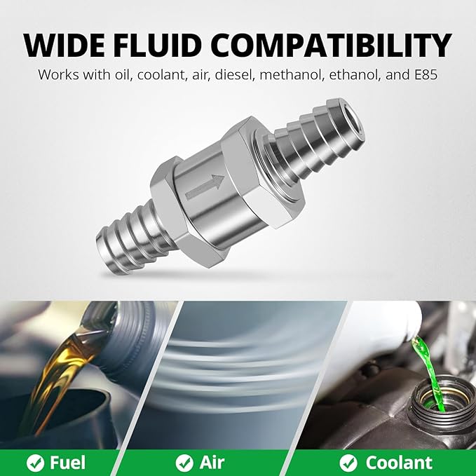 EVIL ENERGY 3/8" (10mm) Check Valve, 2 Pcs Aluminum One Way Fuel Check Valve for Gasoline, Diesel & Coolant with Universal Hose Clamps, Silver