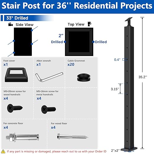 Upgraded 36 Inch Swageless Stair Cable Railing Post(35"x2"x2") Fit 28-38 Degree Stairway, T304 Stainless Steel Wire Metal Post with Cable Grommets, Outdoor Finish for Stair Railing Outdoor