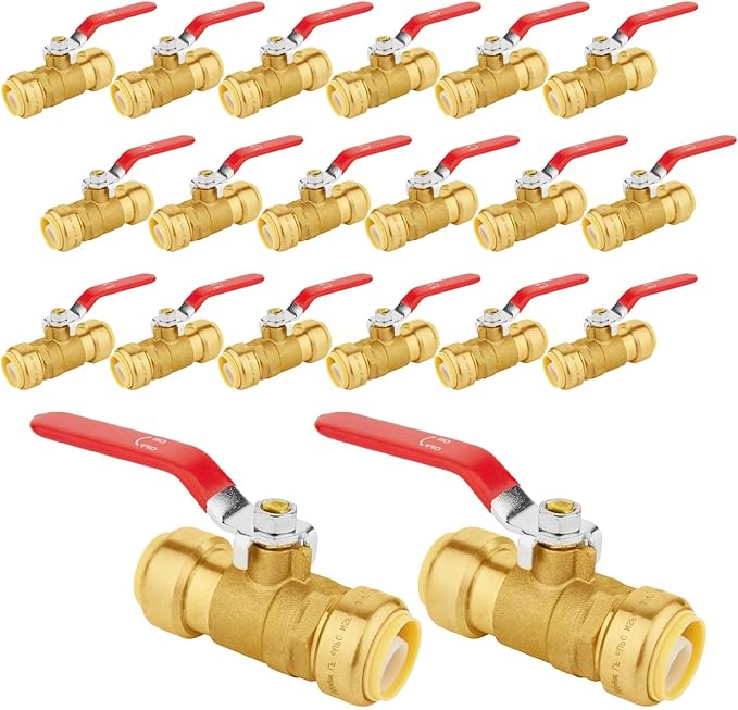 20-PCs HeSun Push Fit Ball Valve, 1/2-Inch Push-to-Connect Full Port Shut-off Valve for Hot and Cold Water,with 1 Disconnect Clip, PEX,Copper,CPVC, Red(PF-VALVE046-20)