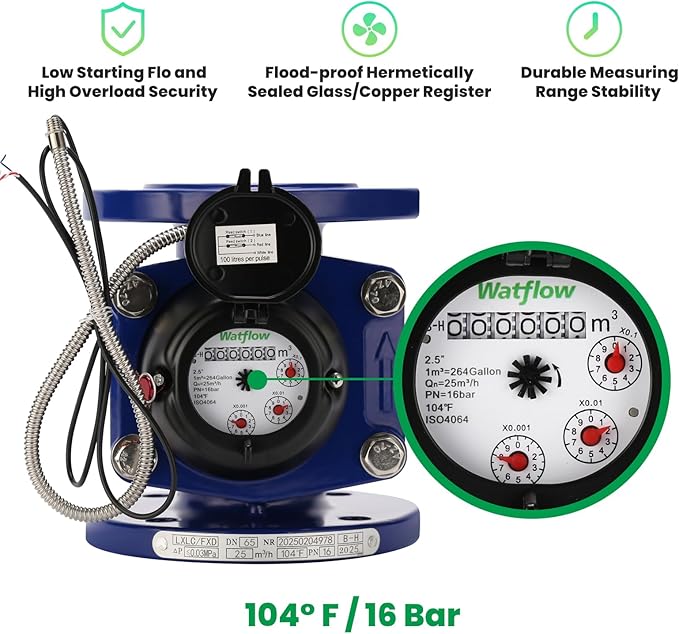 Watflow 2.5" WoltmannHelix Water Meter,Detachable Water Meter,Pulse Output, Epoxy-Coated Cast Iron,Resistant Seals（Cubic,Non-Potable Use）