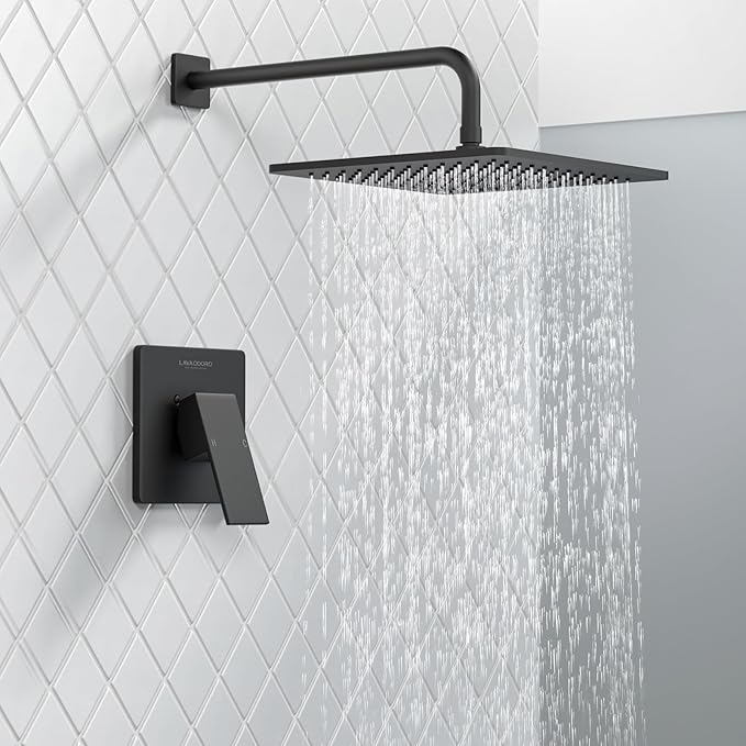 Lava Odoro 12-inch Modern Square Shower Faucet Set Matte Black, Shower Trim Kit with Rough-in Valve High Pressure Black Rainfall Shower Head and Handle Set, (Valve Included), SF106-MB