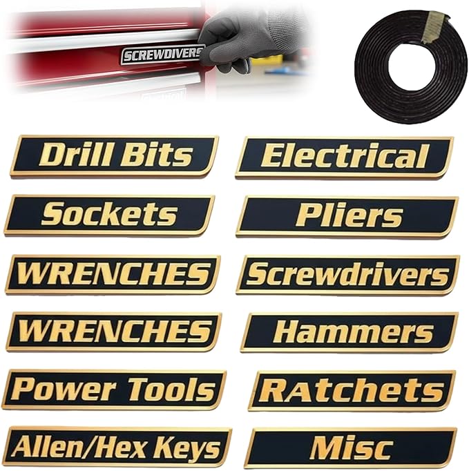 Magnetic Tool Box Labels, 12 Pack of Magnetic Toolbox Labels, Reusable Tags for Steel Toolboxes, Carts, Drawers, and Cabinets,Suitable for Mechanics (Yellow)