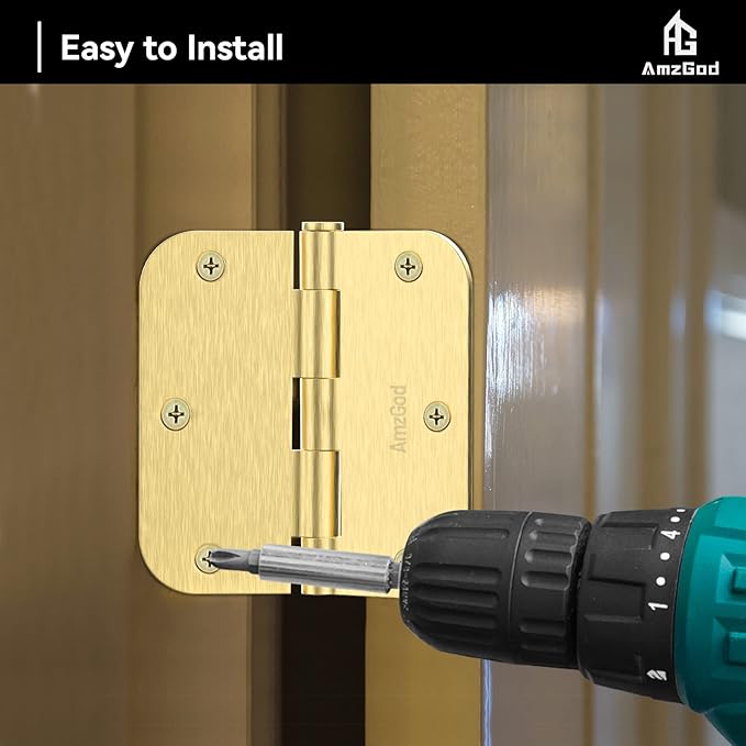 Gold Door Hinges - 42 Pack Satin Brass Door Hinge 3.5 Inch Rounded Interior Door Hinge with 5/8" Radius - 3 1/2 Inches Brushed Brass Hinges for Residential Standard Doors