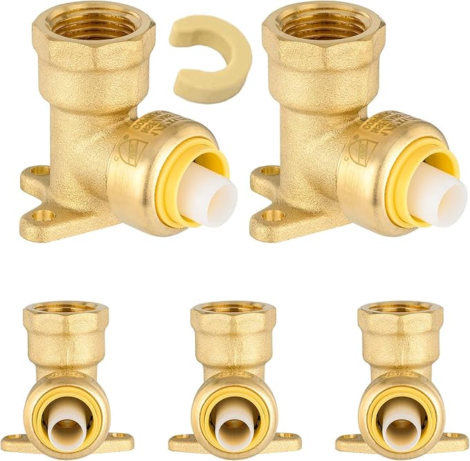 5-Pack Niikappu Push fit Drop Ear Elbow, 1/2 Inch x 1/2 Inch Female NPT Drop-ear Elbow Brass Push Fittings for PEX, Copper, CPVC, PE-RT Pipes, with Disconnect Clip