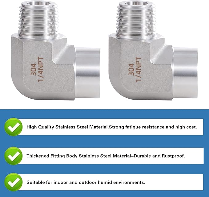 Stainless Steel Pipe Fitting,90 Degree Barstock Street Elbow, 1/4" NPT Male x 1/4" NPT Female (Pack of 2)