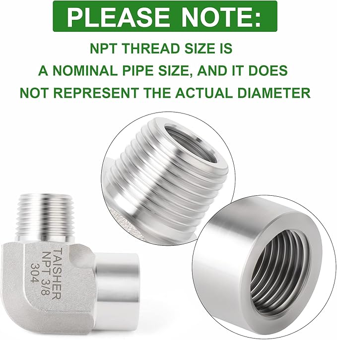 TAISHER 2PCS 304 Stainless Steel 90 Degree Barstock Street Elbow, 3/8 Inch NPT Male Pipe to 3/8 Inch NPT Female 304 Stainless Pipe Fitting