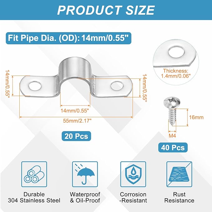 uxcell 20Pcs 14mm(9/16") Two Hole Rigid Pipe Strap, 304 Stainless Steel Conduit Clamp Thicken U Bracket Heavy Duty Pipe Clamp with Self-Tapping Screws for Fixing Tube Cable, Silver