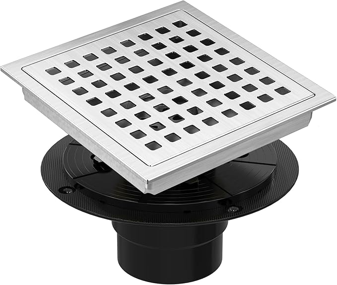 6 Inch Square Shower Floor Drain, Shower Drain Kit with Flange, Square Shower Drain, SUS 304 Stainless Steel Floor Drain,Silver