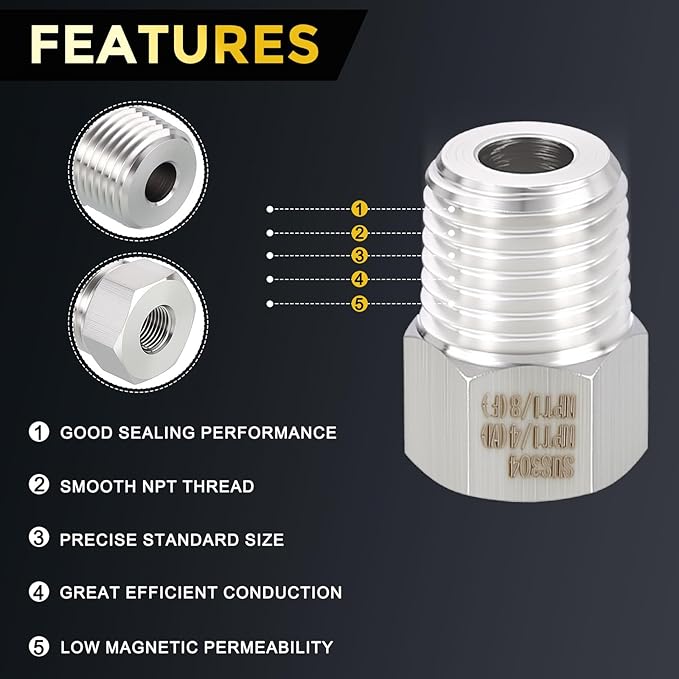 METALLIXITY 5PCS 1/4" Male NPT x 1/8" FeMale NPT Thread 304 Stainless Steel Hex Bushing Extension Tube Adapters Convert for Water Tub Spout/Shower