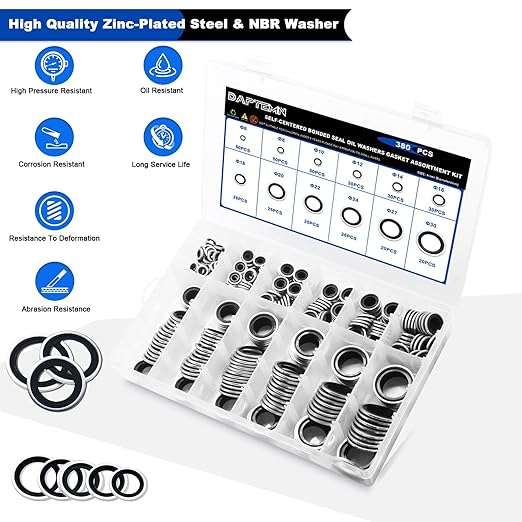 380 PCS Metric Bonded Sealing Washers, NBR Zinc-Plated Steel Self-Centred Sealing Rubber Washers, Automotive Seal Gasket Crush Washers Assortment Kit Set, Includes Sizes of M6-M30