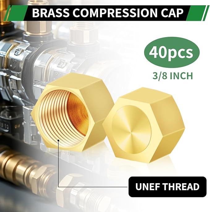 3/8" Compression Cap, 40pcs Brass Compression Fittings Hex UNEF Thread Stop Valve Tubing Ends Sealing Caps Hose Connector for Gas Garden Water Air Line