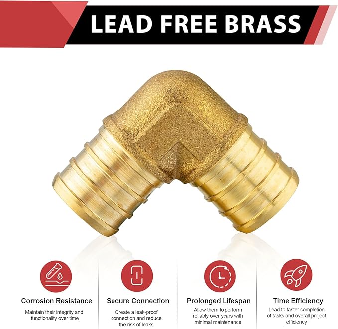 (Pack of 2) EFIELD Pex 1" x 1" 90 Degree Elbow Barb Crimp Brass Fittings, ASTM F1807, NSF61,(PEX1807062-2PCS)