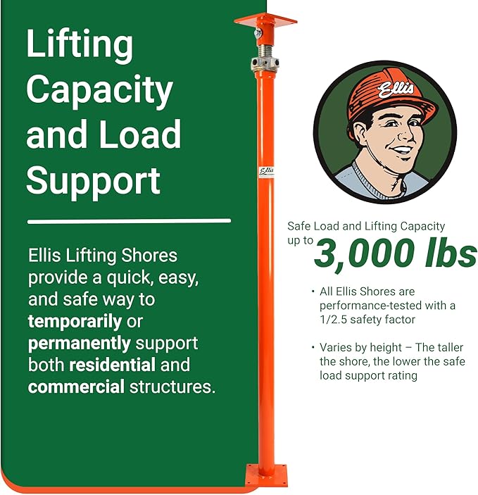 Ellis Manufacturing Light-Duty Steel Lifting Shore – Adjustable Structural Jack for Basement, Beams, Floor Support, and Foundation – 3,000 lb Safe Load apacity – 110"-134" Adjustment