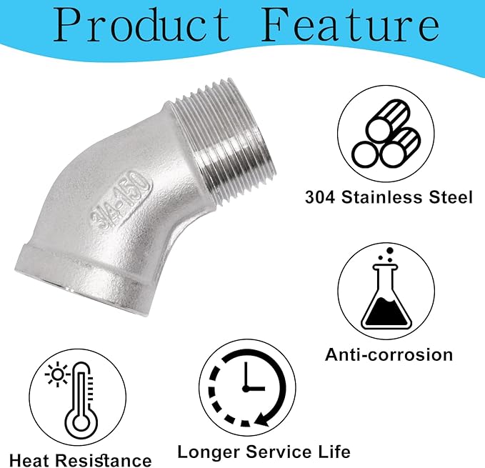 2PCS 304 Stainless Steel 45 Degree Elbow, 3/4" NPT Male Pipe to 3/4" NPT Female Coupler, Heavy Duty Forged Street Elbow Adapter Pipe Fittings, Class 150