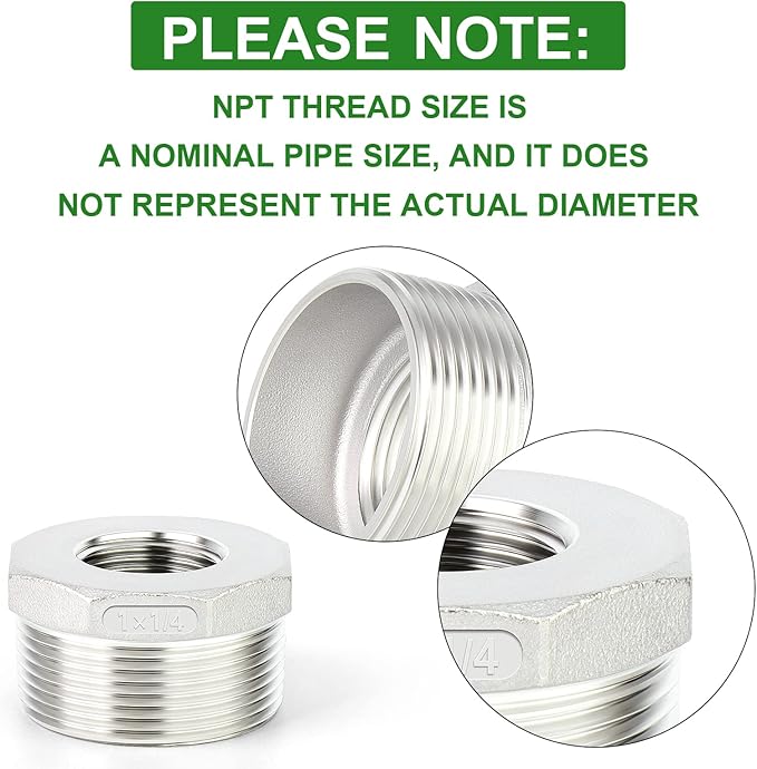 TAISHER 5PCS 304 Stainless Steel Reducer Hex Bushing, 1" NPT Male x 1/4" NPT Female, Reducing Pipe Adapter Fitting