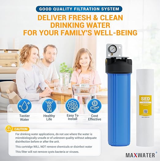 Max Water Whole House Water Filter Housing, 20" x 4.5" Sediment Carbon Cartridge Universal Housing, Pre-Filtration System for Well and City Water with 1" NPT Port and Include 1 Sediment Filter