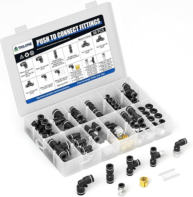 TAILONZ PNEUMATIC Black 1/4" 3/8" 1/2" Push to Connect Fittings, Push-in Fittings Thread Connection Kits Suitable for Nylon, PU Tube etc. (Pack of 66)