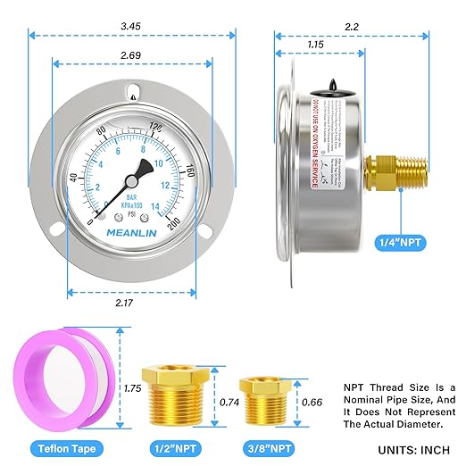MEANLIN MEASURE 0~200Psi Liquid Filled Pressure Gauge Front Flange Panel Mount, 1/4" NPT 2.5" FACE DIAL Stainless Steel Case with Phillips Screw, Nut and Brass Hex Bushing, +/-3-2-3%