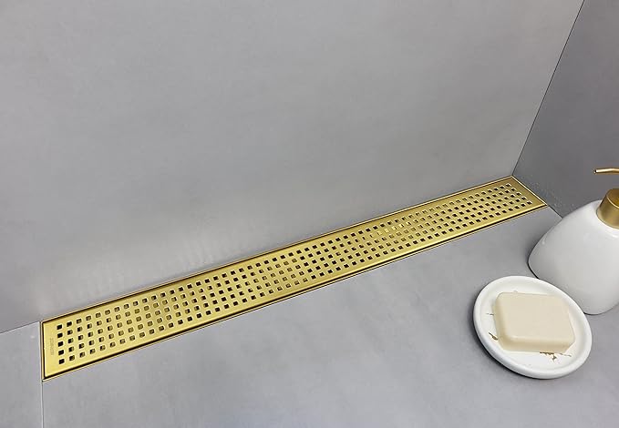 Linear Shower Drain 24", 304 Stainless Steel Floor Drain with Grid Drain Cover & Hair Strainer, Rectangular Shower Drain w/CUPC Certified, Brushed Gold