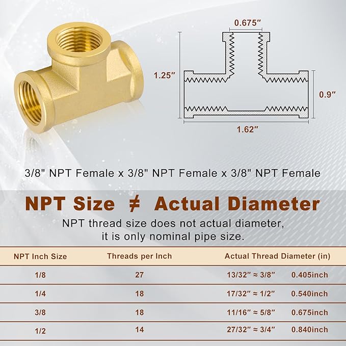 2pcs 3/8" Brass Tee Fittings 3/8" NPT Female Pipe to 3/8" NPT Female Pipe to 3/8 Inch NPT Female Brass Barstock Street Tee Pipe Fittings 3 Way Forged Brass Fittings