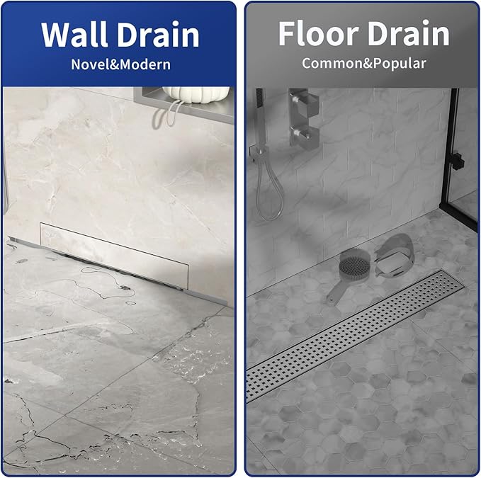 Linear Wall Drain 18’’, 304 Stainless Steel Side Drain w/Tiled Grate & Hair Strainer, Brushed Tiled Shower Drain for Bathroom, CUPC Certified