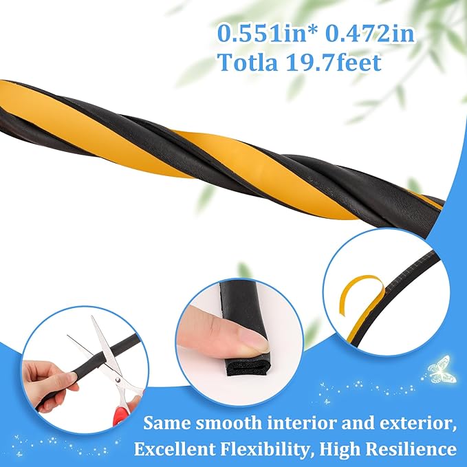 19.7Feet Rubber Weather Stripping Door Seal, Self-Adhesive Seals for Window Gap, Soundproofing, Insulation Strip, Door Sealers for Door Frame (Black)