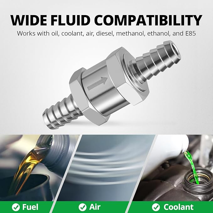 EVIL ENERGY 5/16" (8mm) Check Valve, 2 Pcs Aluminum One Way Fuel Check Valve for Gasoline, Diesel & Coolant with Universal Hose Clamps, Silver
