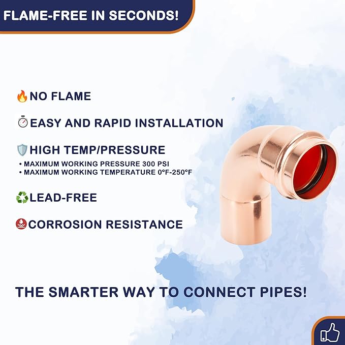 Copper Press Fittings 90 degree Street Elbow Copper Coupling Zero Lead FTG x P 3/4 inch x 3/4 inch for Residential Commercial 10-Pack