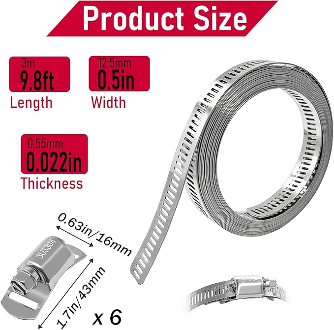 Hose Clamps Assortment Kit, CUKAYO 304 Stainless Steel DIY 9.8 FT Metal Strap+6 Stronger Fasteners, Large Adjustable Worm Gear Band Hose Clamps Screw Clamps Duct Pipe Metal Clamp Strapping