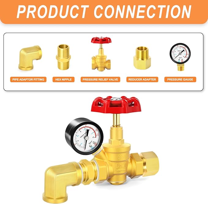 GASHER 3/4" Water Pressure Reducing Valve with Gauge Port 1/4", Brass Water pressure regulating valve for home