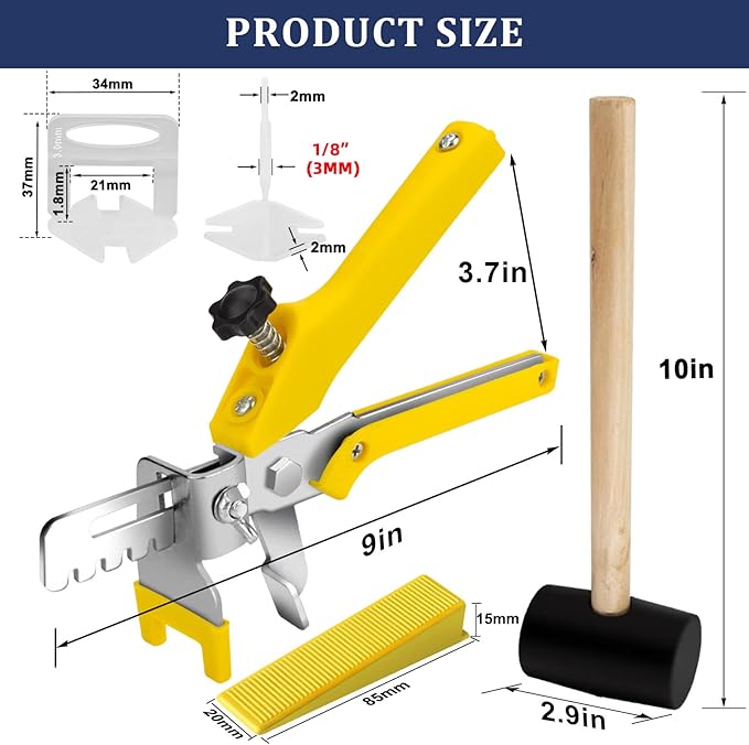 Tile Leveling System with Tile Plier and Rubber Mallet, 1000 Piece Tile Spacers Clips and 200 Piece Reusable Wedges, Tile Leveler Tool Set for Tile and Stone Installation (1/8 Inch)