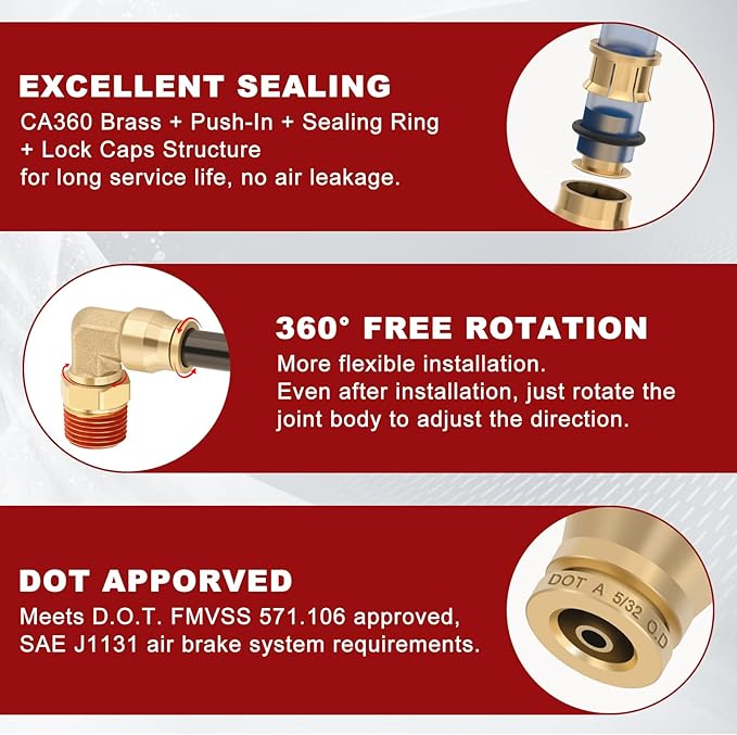 5/32" Quick Push to Connect Fittings Brass 90 Degree Union Swivel Elbow Joint DOT Approved 5/32" Tube OD x 1/8" NPT Thread Air Brake Line Adapter Air Suspension Kit for Car Truck Trailers 5pcs