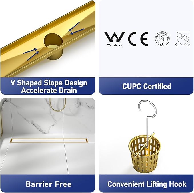 Linear Shower Drain 24", Brushed Gold Floor Drain with Tiled Insert Grate & Hair Strainer, 304 Stainless Steel Bathroom 2-in-1 Tiled in Drain, CUPC Certified (Brushed Gold, 24'')
