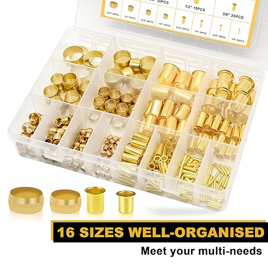 Siptenk 320PCS Brass Compression Sleeves Ferrules Inserts Fittings Assortment Kit for Tube OD 3/4" 5/8" 1/2" 3/8" 5/16" 1/4" 3/16" 1/8", 8 Sizes Air Brake Fittings for Air Water Fuel Oil