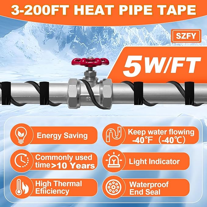 100FT Heat Tape for Water Pipes, -40°F Deicing Cable,Pipe Heating Cables for Roof,Gutter，Farm，Freeze Protetion Heat Trace Cable, Heated Water Hose,Plumbing Fixtures,120V 5W/FT