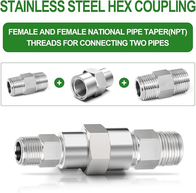 TAISHER 2PCS Forging of 316L Stainless Steel Pipe Fitting, Reducer Coupling, 1/2" NPT Female x 3/8" NPT Female, Reducing Pipe Adapter Fitting
