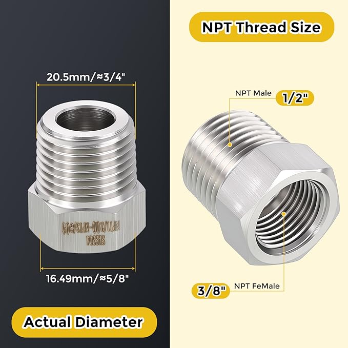 METALLIXITY 1PCS 1/2" Male NPT x 3/8" FeMale NPT Thread 304 Stainless Steel Hex Bushing Extension Tube Adapters Convert for Water Tub Spout/Shower