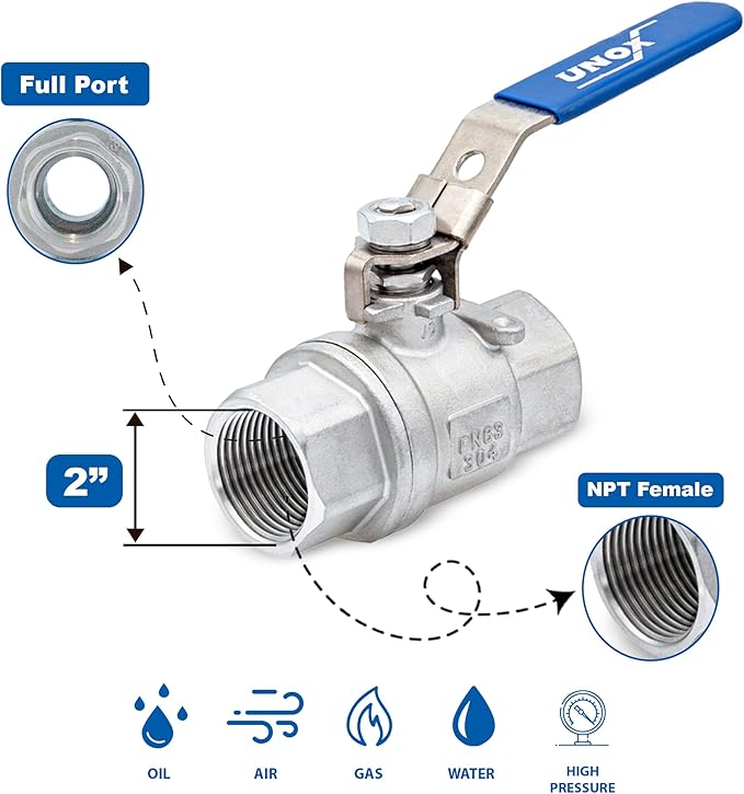 UNOX 2" NPT Full Port Ball Valve Two-Piece Body Design, Female Stainless Steel AISI304 Heavy Duty for Water Oil Gas Valve - 1000WOG Steam Ball Valve with Blue Locking Handles