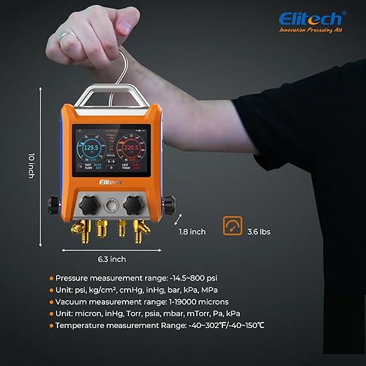 Elitech Digital 4 Valve Manifold Gauge HVAC with Refrigerant Hoses, Vacuum Micron Gauge, Thermometer Clamps, OTA Upgrade, Wireless APP Control