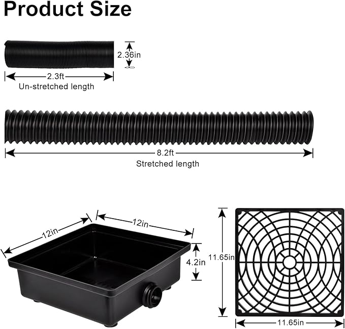 Catch Basin Gutter Downspout Extensions, 12"×12" Low Profile Catch Basin Downspout Extender with 2" ID Flexible Pipe, No Deep Dig Needed, Rainwater Diverter, Pipe Stretched Length 8.2ft