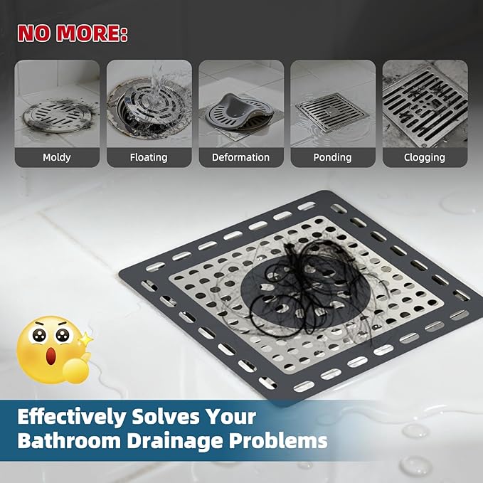 Hibbent 2 Pack Shower Drain Hair Catcher, Shower Drain Cover for Bathroom Floor 4" Drain, Anti-Clogging Bathtub Drain Strainer, Stainless Steel Kitchen Sink Drain Strainer with Handle, Dark Grey
