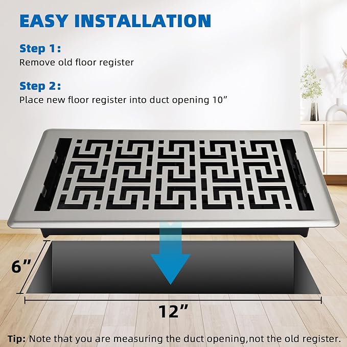 Floor Registers 6x12 Inches - 3 Pack Heavy Duty Walkable Steel Floor Vents Ease Adjust Air Flow Direction Vent Covers for Home Floor Satin Nickel Floor Vent Covers