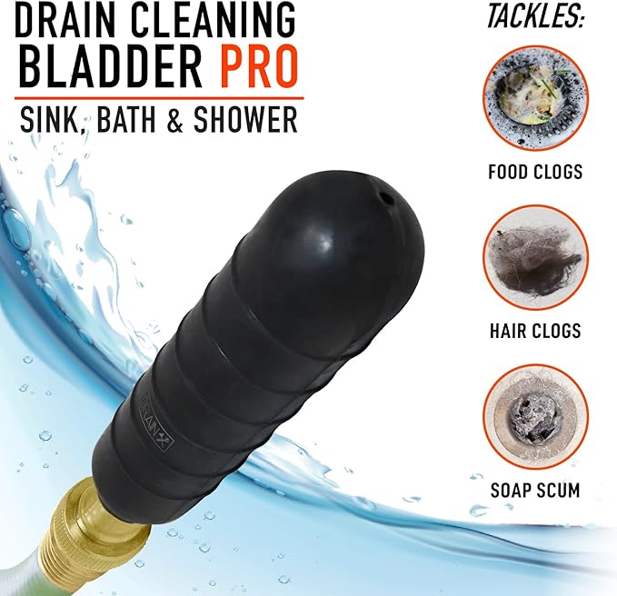 DrainX Hydro Pressure Drain Cleaning Bladder - Fits 1.5" to 3" Drain Pipes - Unclogs Stubborn Blockages in Bathroom Sinks, Shower Drains, Bathtubs, Plumbing Pipes