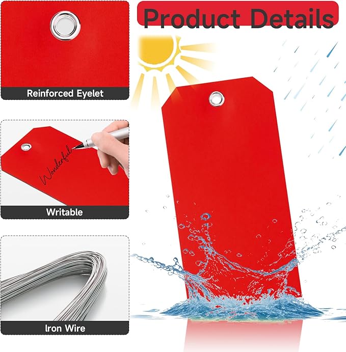 200 Waterproof Writable Plastic Hang Tags - 6 1/4 x 3 1/8, Red