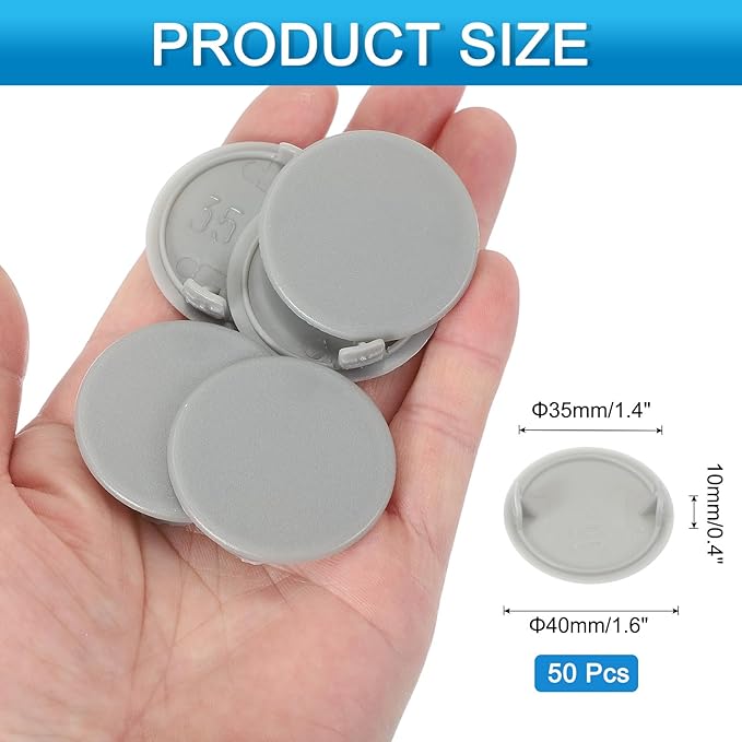 uxcell 50Pcs Plastic Hole Plugs, 1-2/5"(35mm) Flush Type Panel Round Screw Caps Cover Fastener Knockout Locking Plugs for Furniture Insert End Caps Panels, Gray