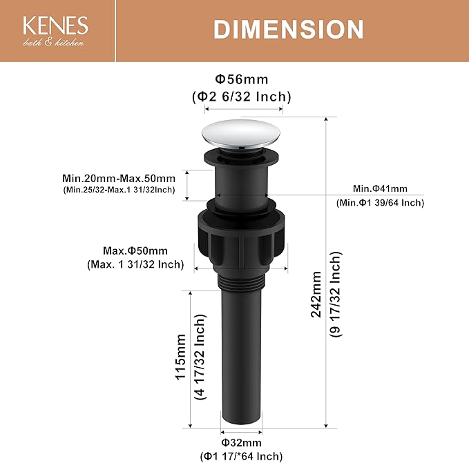 KENES Bathroom Vessel Sink Pop Up Drain Assembly Without Overflow, Chrome Bathroom Vanity Sink Drain Stopper, Anti-Clogging Drain Strainer, KE-P300A-5