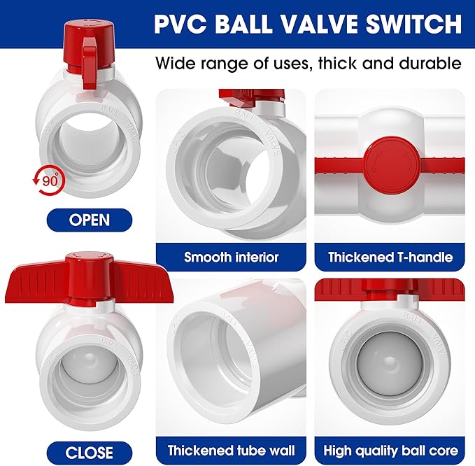 10PCS 1" PVC Ball Valves,SCH40 PVC Water Pipe Valves, Red T Handle Shut-Off Valve Socket, Slip Water Pipe Valve for Water Project, Swimming Pool, Sprinkler Lines, Outdoor Plumbing & Irrigation System