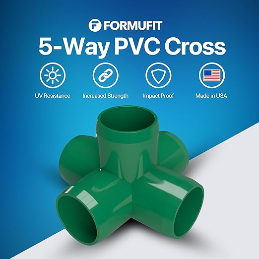 FORMUFIT 3/4" 5-Way Cross Furniture Grade PVC Fitting in Green, Made in USA, UV-Resistant, Impact-Proof, 1.050” Actual Socket Diameter (Pack of 8) - F0345WC-GR-8