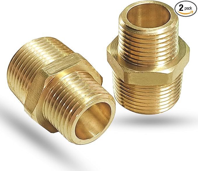 2PCS NPT Male Threaded Reducing Nipple Pipe Fitting Adapter, Brass Hex Nipple Reducer, Heavy Duty Pipe Reducer Straight Connector (3/4" x 1/2")